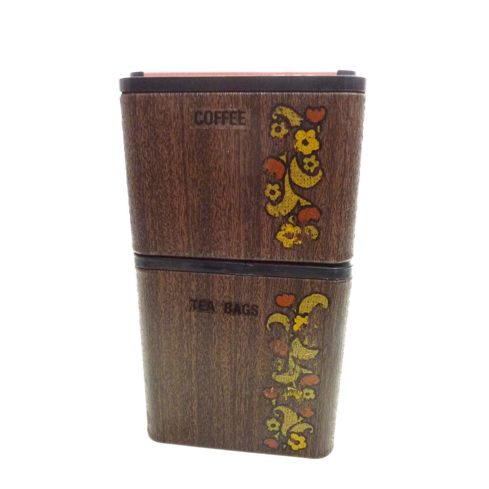 Vintage Kromex Copper Faux Wood Grain Floral Canisters Stackable MCM Kitchen Set